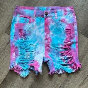 NWOT Pink & blue tie dye tie dye jean shorts ripped raw hem sz MEDIUM